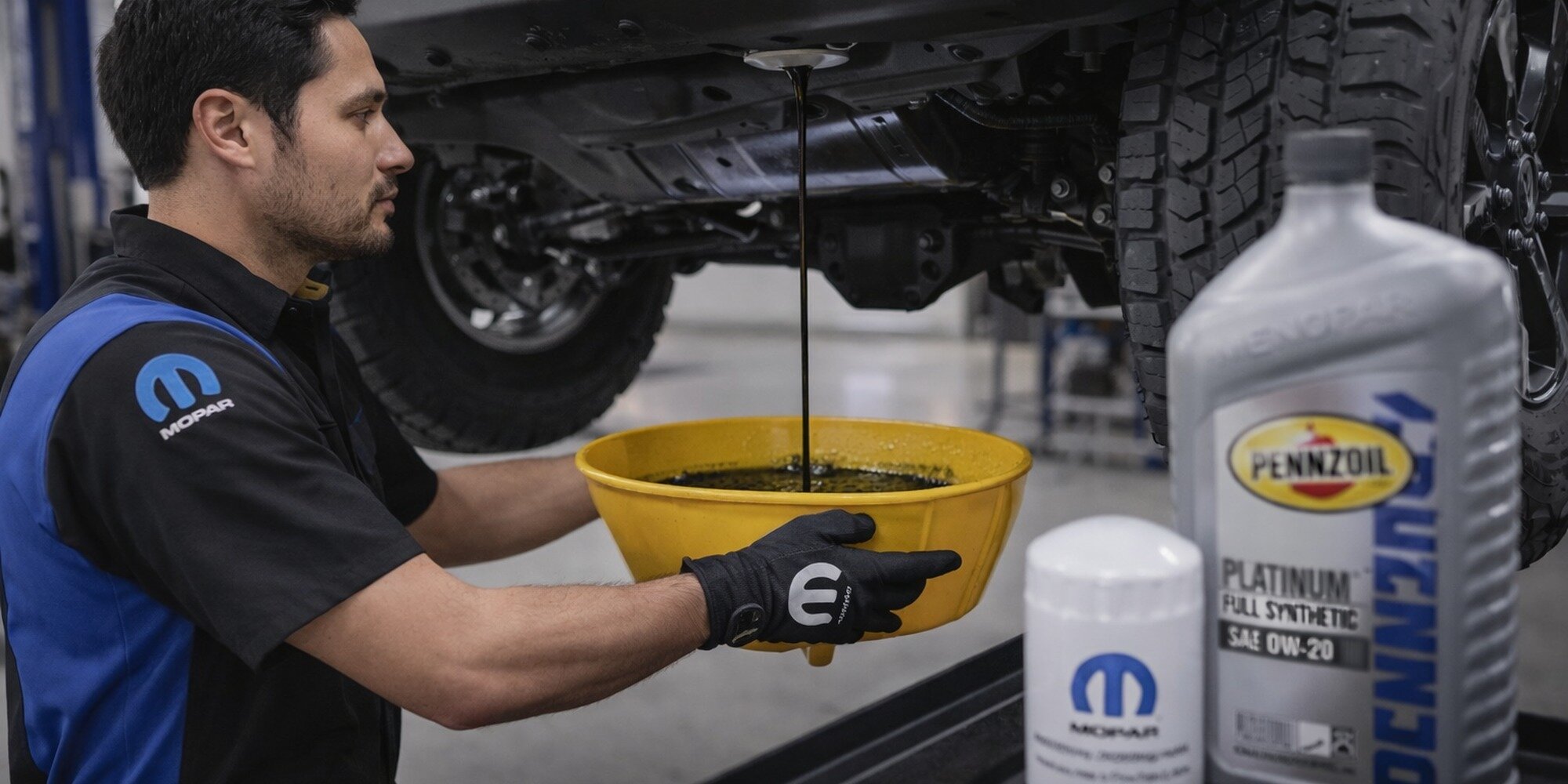 Jeep receiving an oil change at a dealership service center